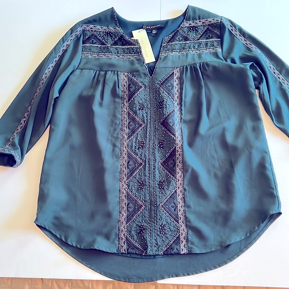 MM Couture Embroidered Green Women's Top Size XS NWT